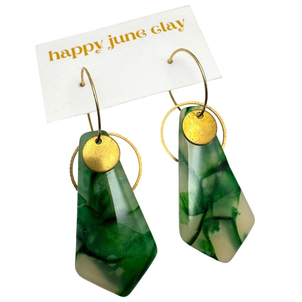 Green & Gold Resin Dangle Earrings With Brass Hoops By Happy June Clay
